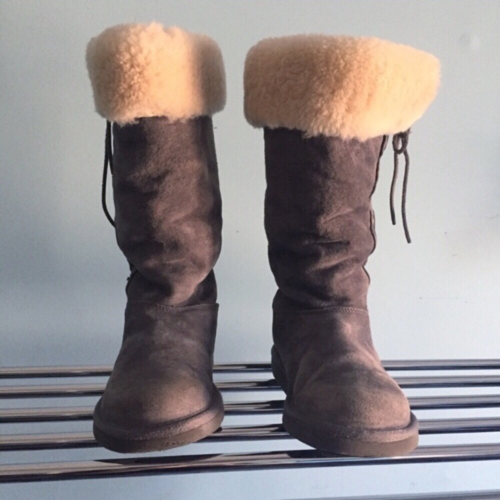 UGG Upside Tall Boots Gray Suede Shearling Lace Up Womens 5 EU 36 Winter